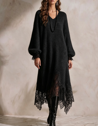 🤲LAST DAY SAVE 49% ⏰Women's V-neck Long-sleeve Casual Loose-fit Knit Dress With Lace Paneling And Subtle Shimmer