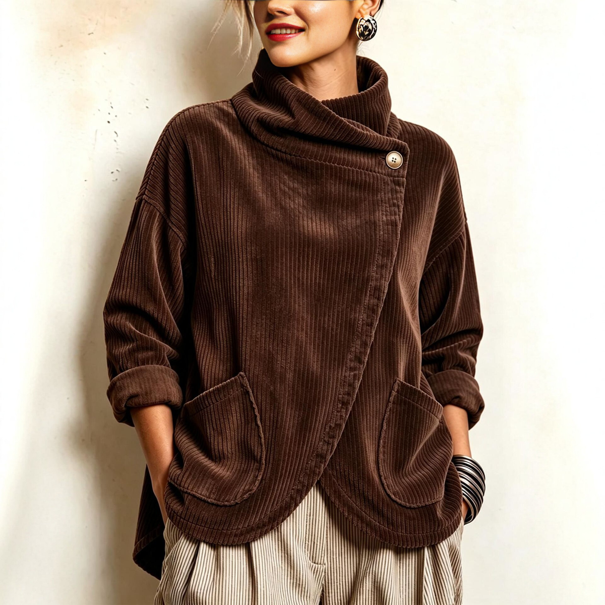 🤲LAST DAY SAVE 49% ⏰Cozy Asymmetric Button-Accented Corduroy Top