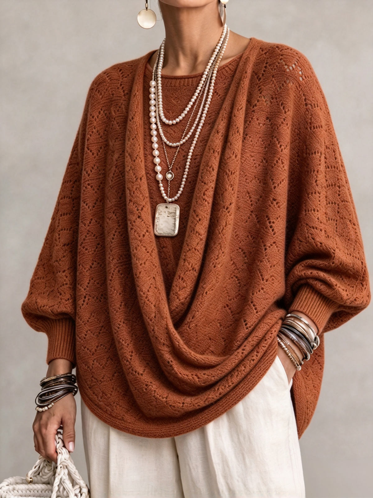 🤲LAST DAY SAVE 49% ⏰Knit Top With A Cowl Neck, Cut-out Details, And Lantern Sleeves.