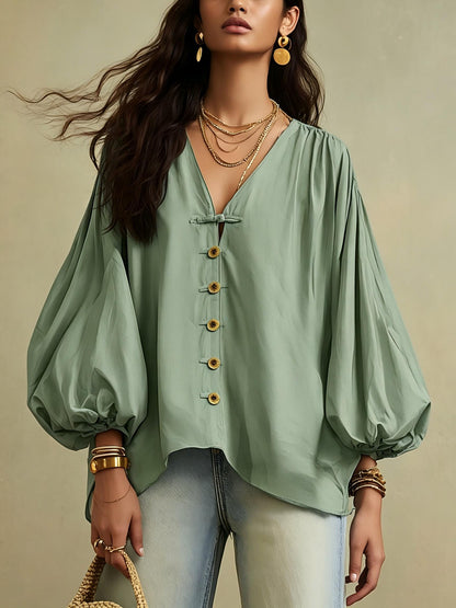 🌷Relaxed V-Neck Puff Sleeve Blouse – Effortless Everyday Style