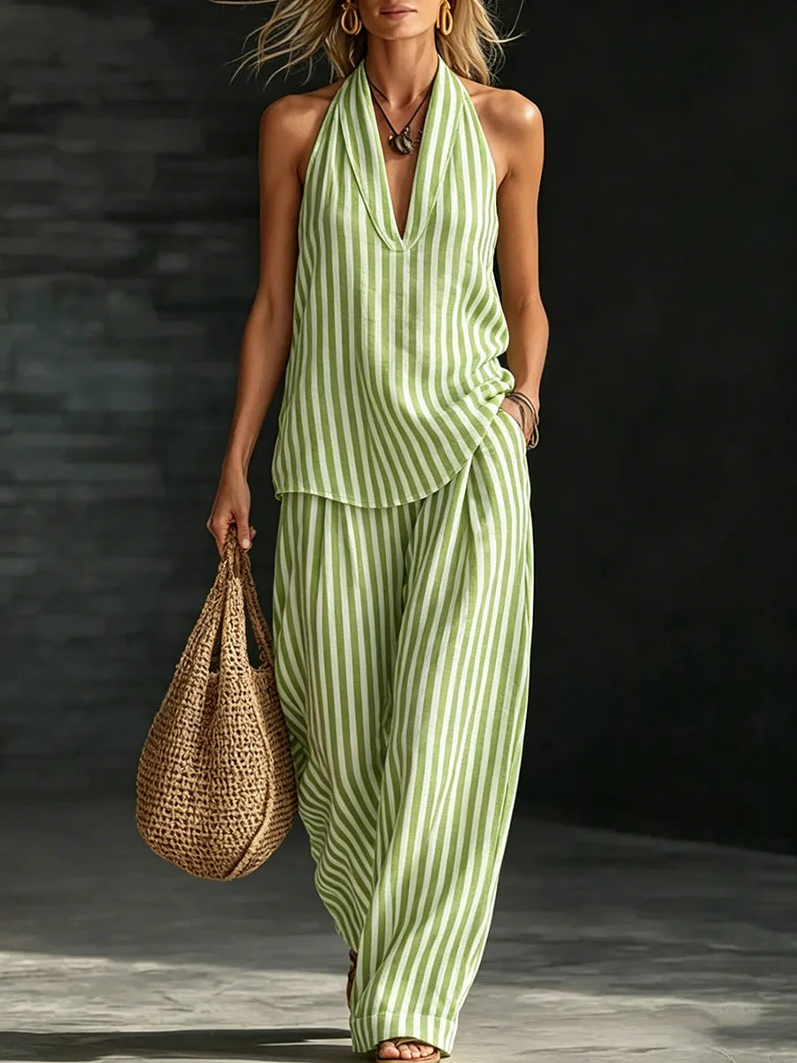 Casual Striped Halter-Neck Top and Wide-Leg Pants Set