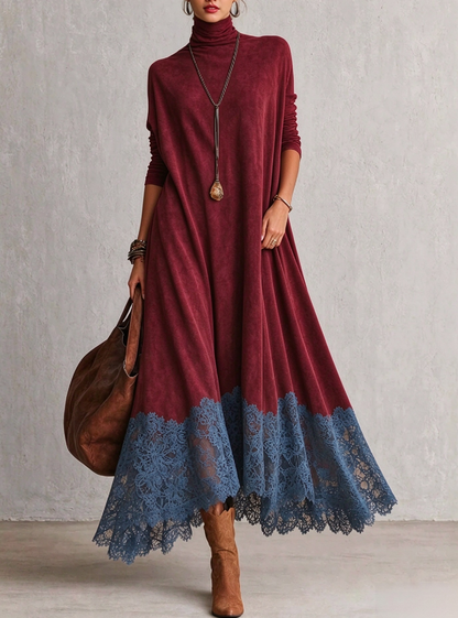 🤲LAST DAY SAVE 49% ⏰Women's Casual Loose-fit A-line Dress With Lace Paneling, High Neck, And Long Sleeves