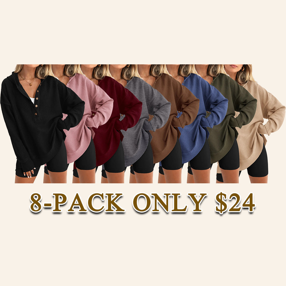 💚Women's Oversized Button V-Neck Hoodie Sweatshirt Long Sleeve Side Slit Casual Fall Pullover Top