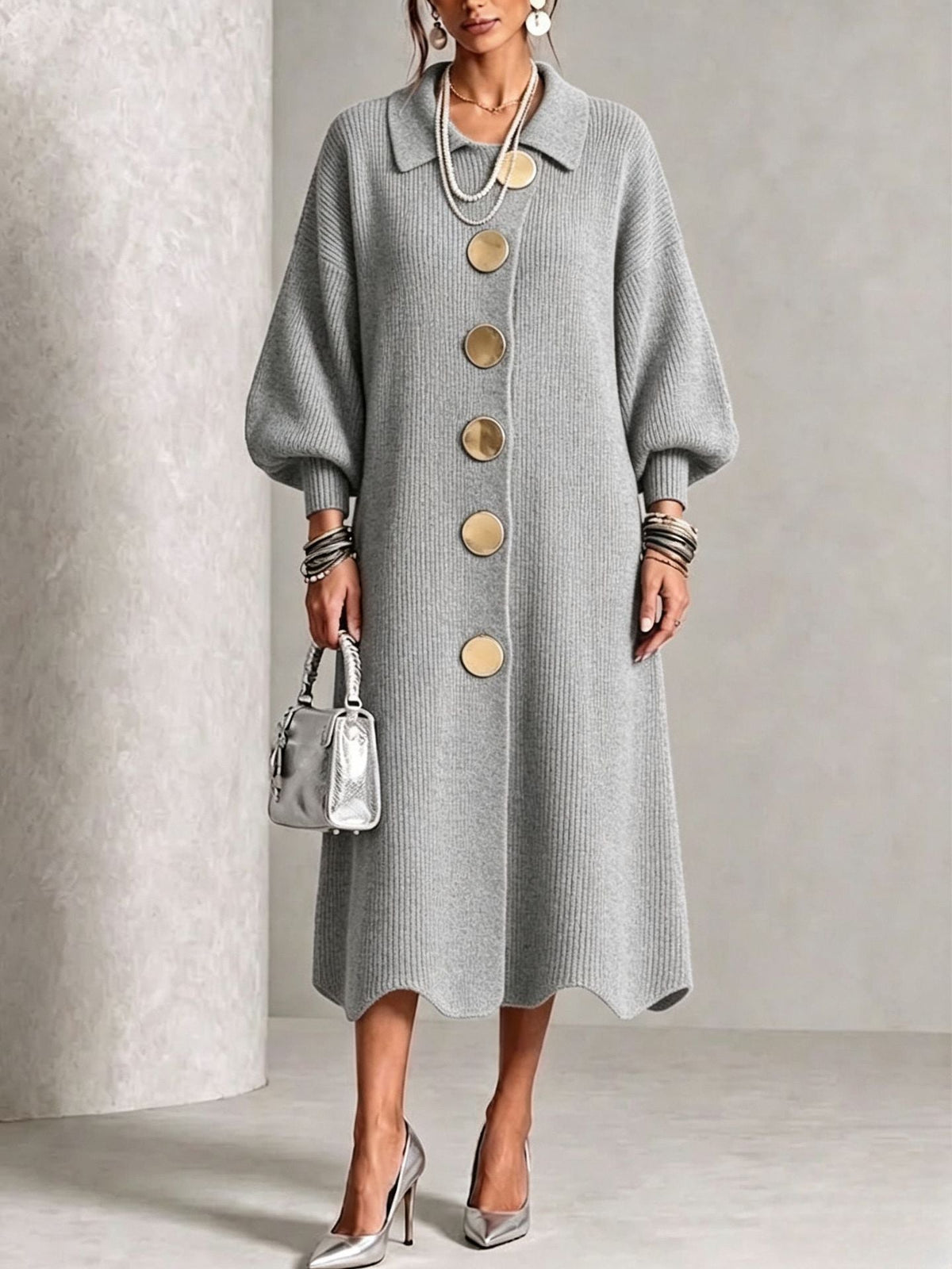 🤲LAST DAY SAVE 49% ⏰Long-sleeve Knit Dress With A Large Metal Buckle, Lapel Collar, And Lantern Sleeves
