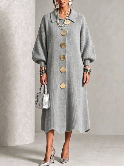 🤲LAST DAY SAVE 49% ⏰Long-sleeve Knit Dress With A Large Metal Buckle, Lapel Collar, And Lantern Sleeves