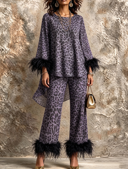 🤲LAST DAY SAVE 49% ⏰Chic Leopard Print Feather-Trimmed Two-Piece Set