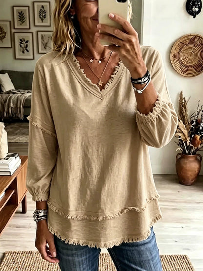 🌷Vintage Frayed V-Neck Linen Blend Top | Effortless Summer Comfort