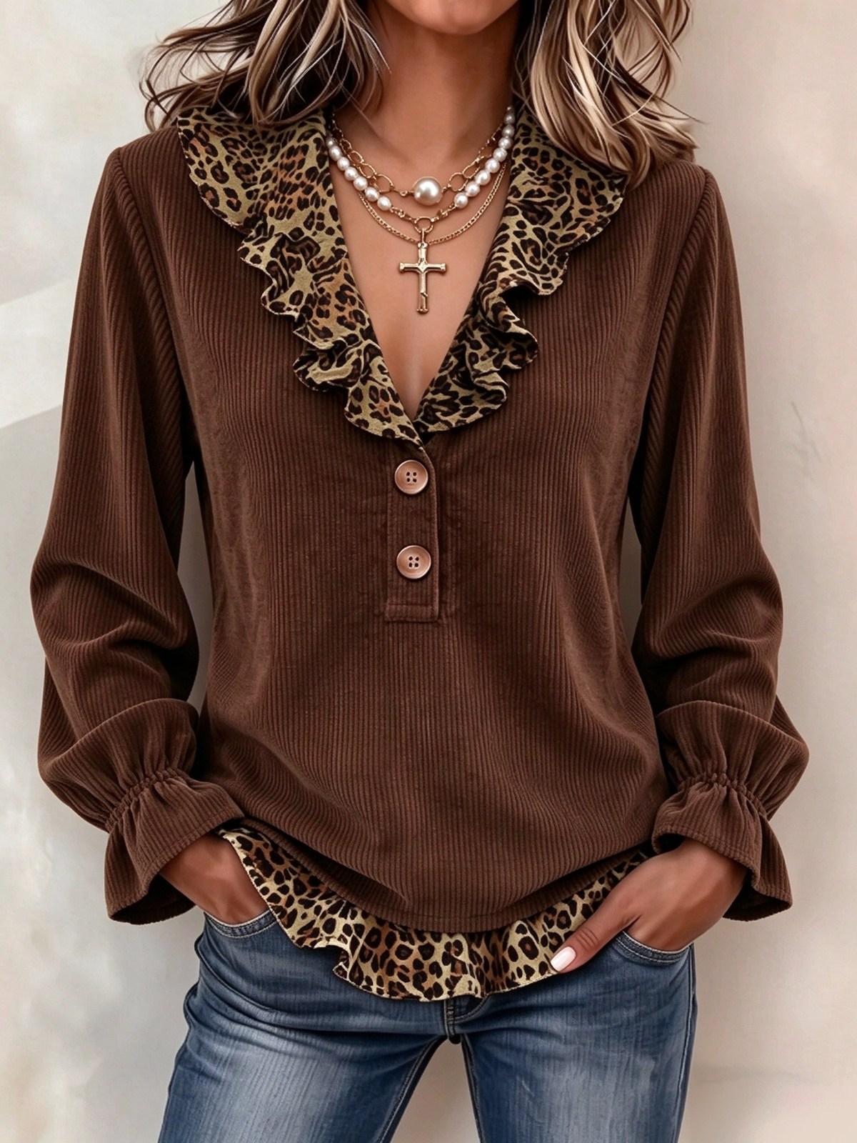 🤲LAST DAY SAVE 49% ⏰Chic Leopard-Trim Corduroy Blouse