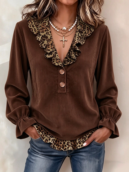 🤲LAST DAY SAVE 49% ⏰Chic Leopard-Trim Corduroy Blouse