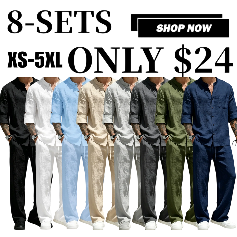 💚Men's Linen Stand Collar Long Sleeve Button Shirt & Straight Leg Belted Pants Set