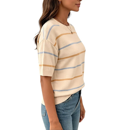 Women's Striped Knit Short Sleeve Pullover