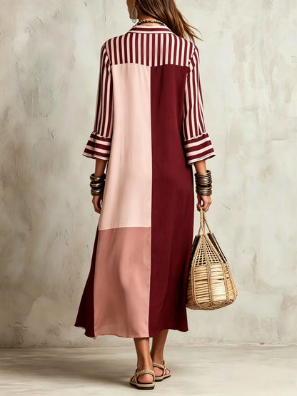 🌷Women's Striped Color Block Midi Shirt Dress, Contrast Patchwork Bell Sleeve Shirt Midi Dress