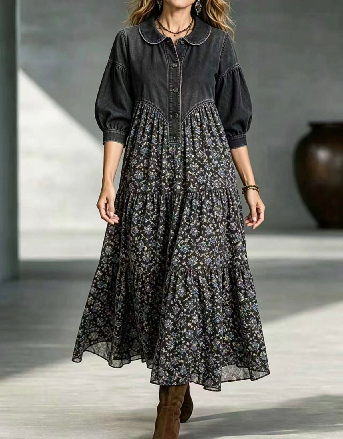 🤲LAST DAY SAVE 49% ⏰Boho-chic Denim Bodice Long Sleeve Floral Tiered Swing Maxi Dress