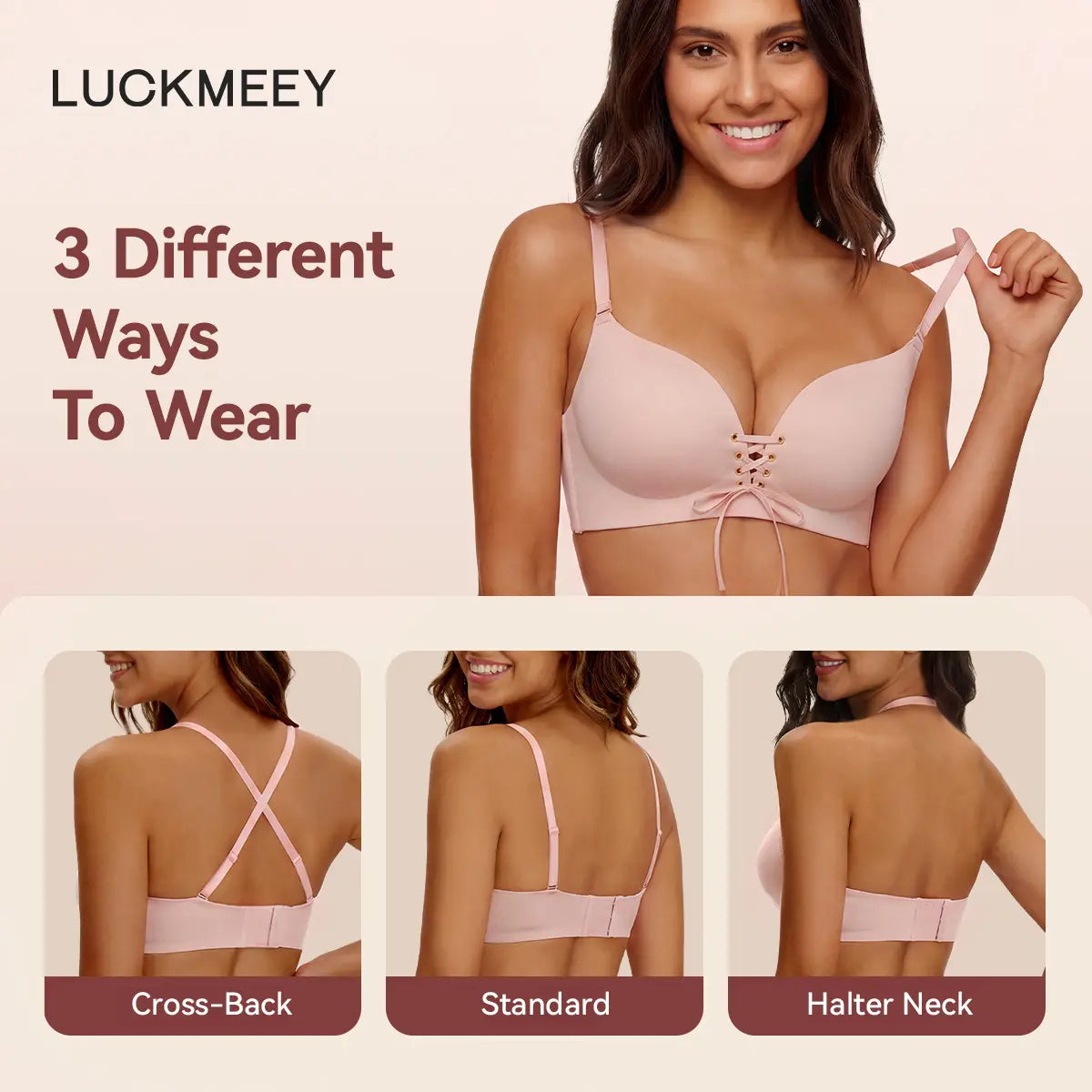 LUCKMEEY Drawstring Push Up Bra Wireless Lace Up