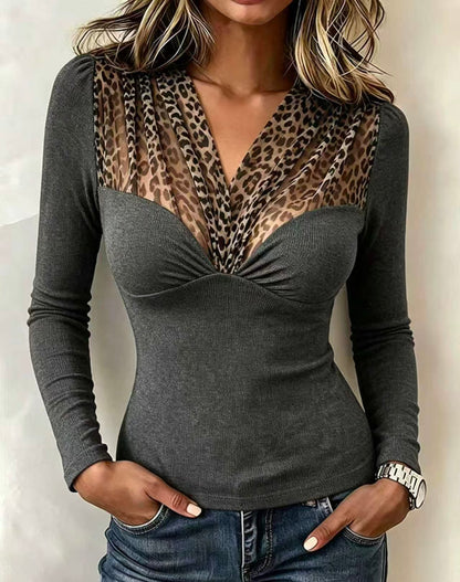 🤲LAST DAY SAVE 49% ⏰Chic Leopard-Mesh Paneled V-Neck Top