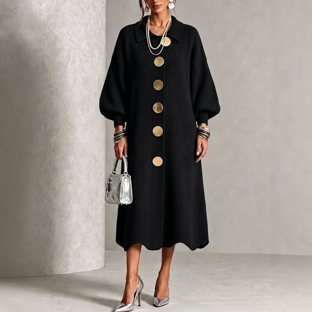 🤲LAST DAY SAVE 49% ⏰Long-sleeve Knit Dress With A Large Metal Buckle, Lapel Collar, And Lantern Sleeves