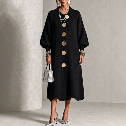 🤲LAST DAY SAVE 49% ⏰Long-sleeve Knit Dress With A Large Metal Buckle, Lapel Collar, And Lantern Sleeves