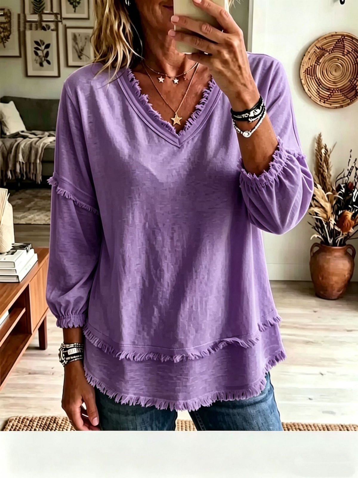 🌷Vintage Frayed V-Neck Linen Blend Top | Effortless Summer Comfort