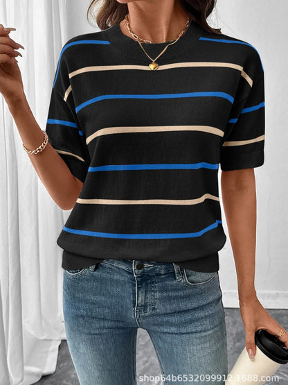 Women's Striped Knit Short Sleeve Pullover