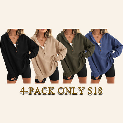 💚Women's Oversized Button V-Neck Hoodie Sweatshirt Long Sleeve Side Slit Casual Fall Pullover Top
