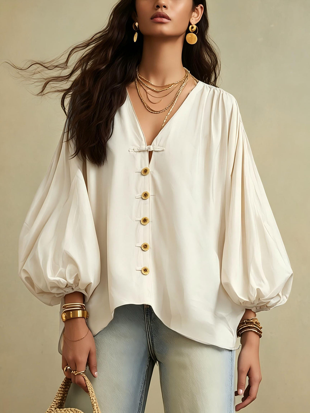 🌷Relaxed V-Neck Puff Sleeve Blouse – Effortless Everyday Style