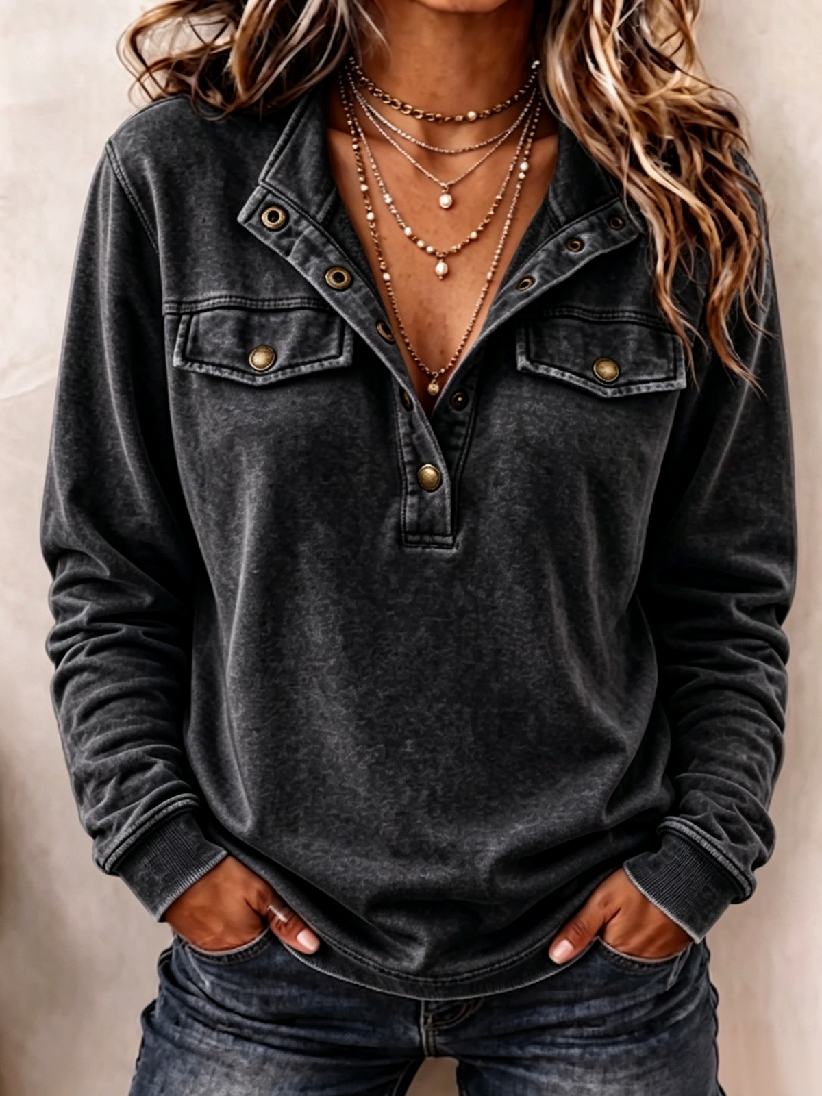 🤲LAST DAY SAVE 49% ⏰Cozy Vintage-Washed Cotton Snap Button Sweatshirt