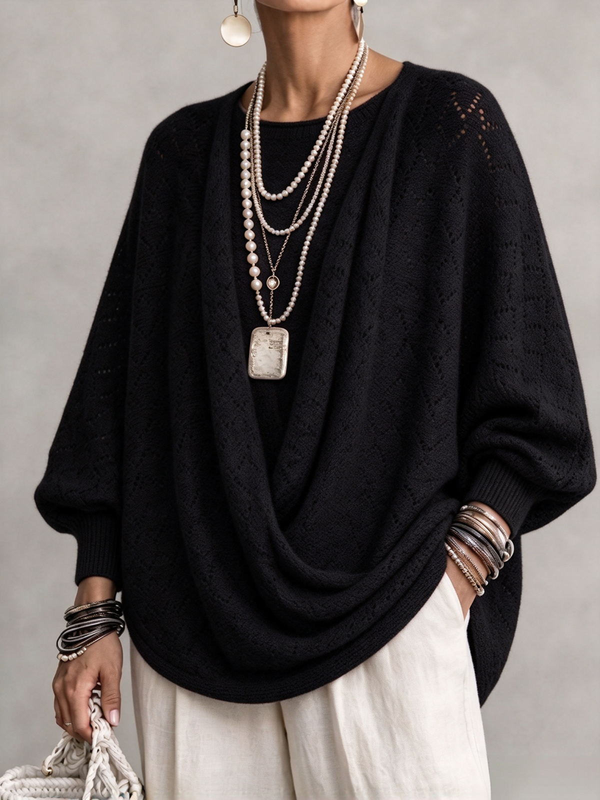 🤲LAST DAY SAVE 49% ⏰Knit Top With A Cowl Neck, Cut-out Details, And Lantern Sleeves.