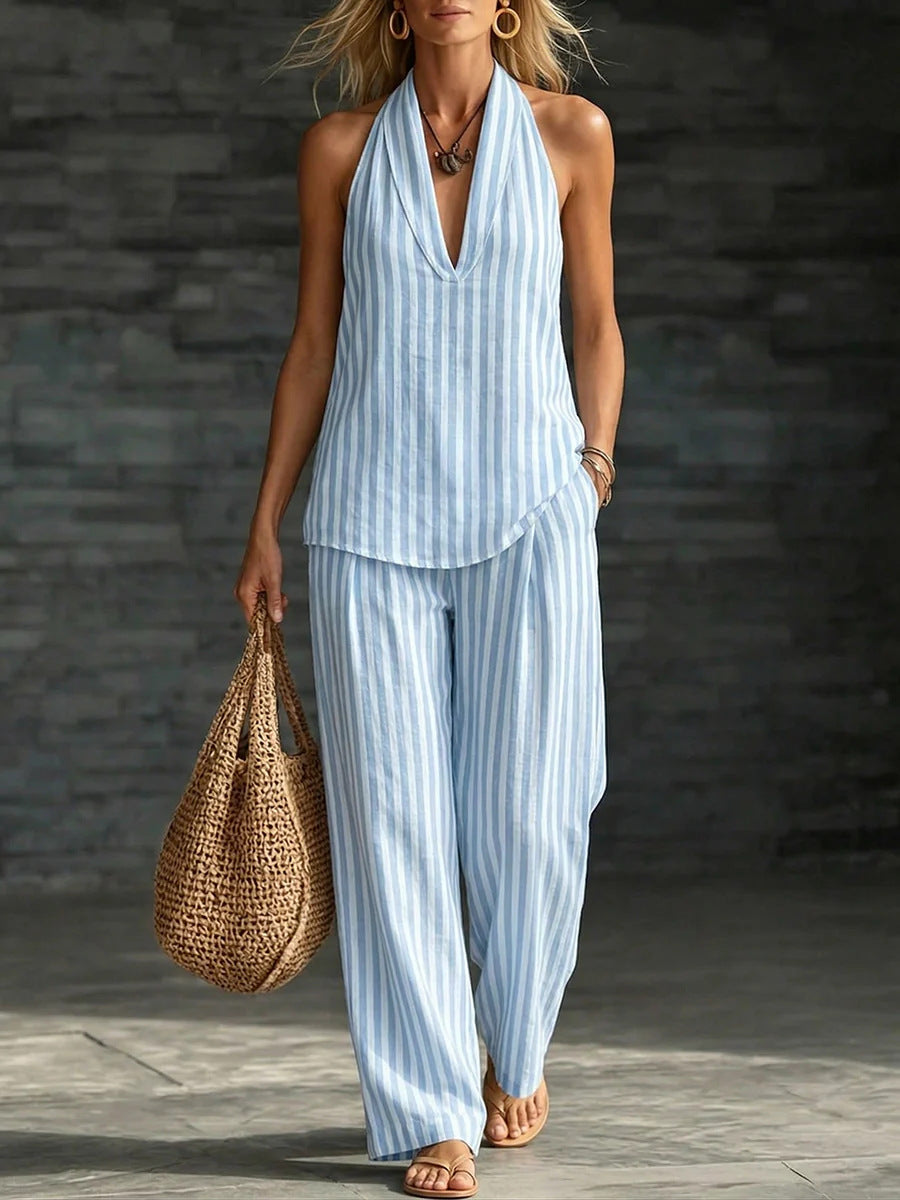 Casual Striped Halter-Neck Top and Wide-Leg Pants Set