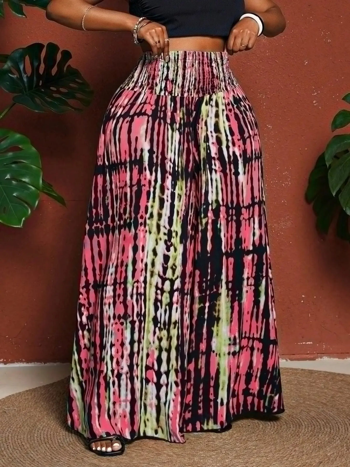 Women's Plus Size Tie-Dye Wide-Leg Pants- Travel & Daily Use