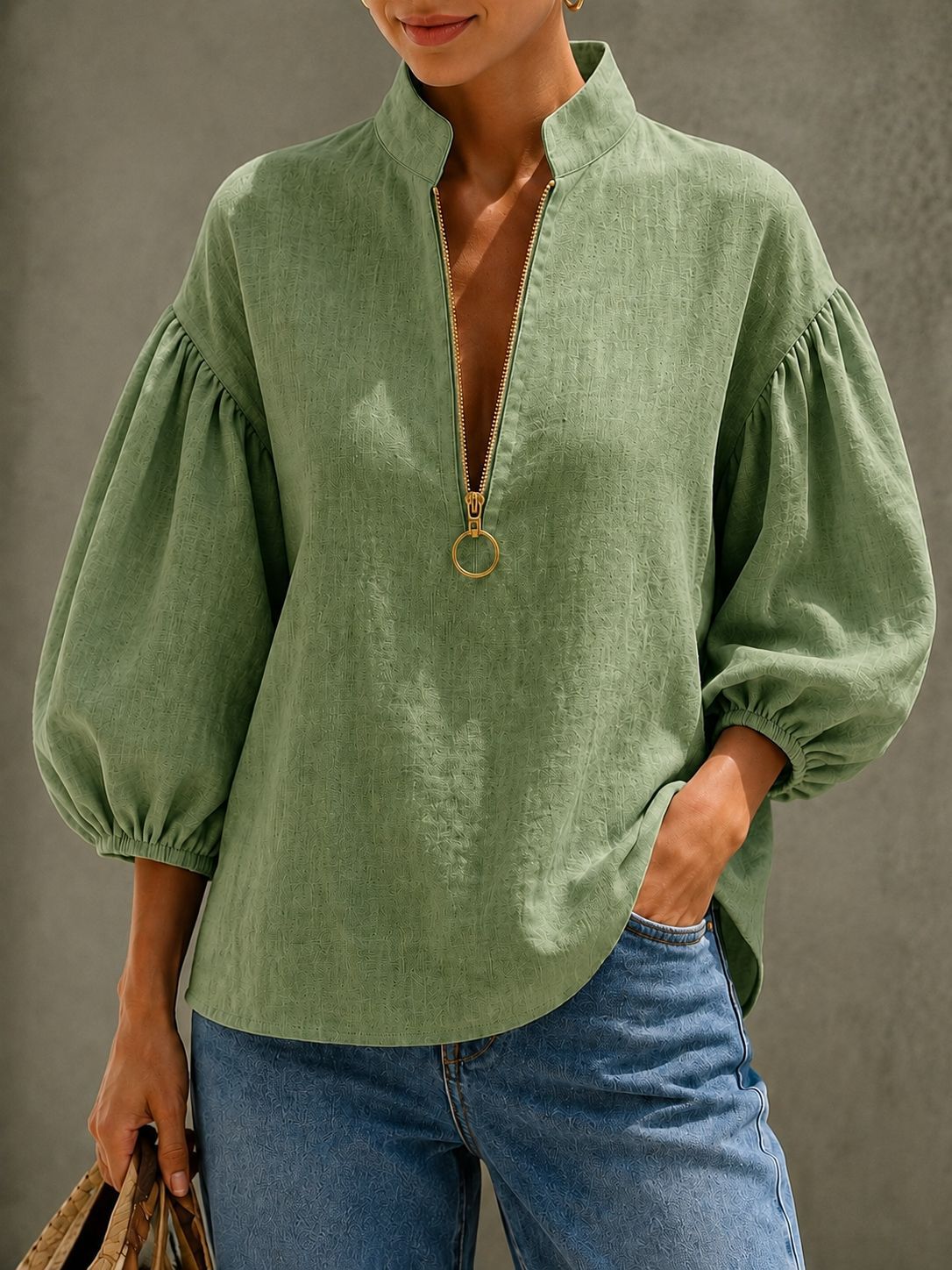 🌷Women's Relaxed V-Neck Zip Blouse – Effortless Everyday Style