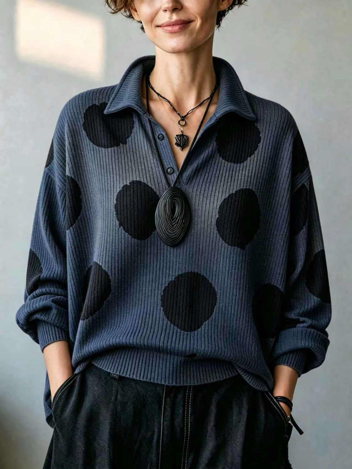 🤲LAST DAY SAVE 49% ⏰Cozy Oversized Polka Dot Lapel Collar Knit Top