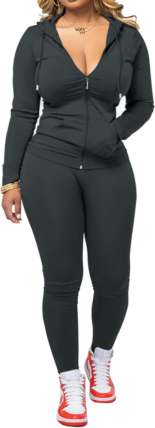 Women Two Piece Outfits Workout Sets Bodycon Tracksuit Long Sleeve Zip Up Hoodie Jacket Jogger Matching Sweat Pants Set