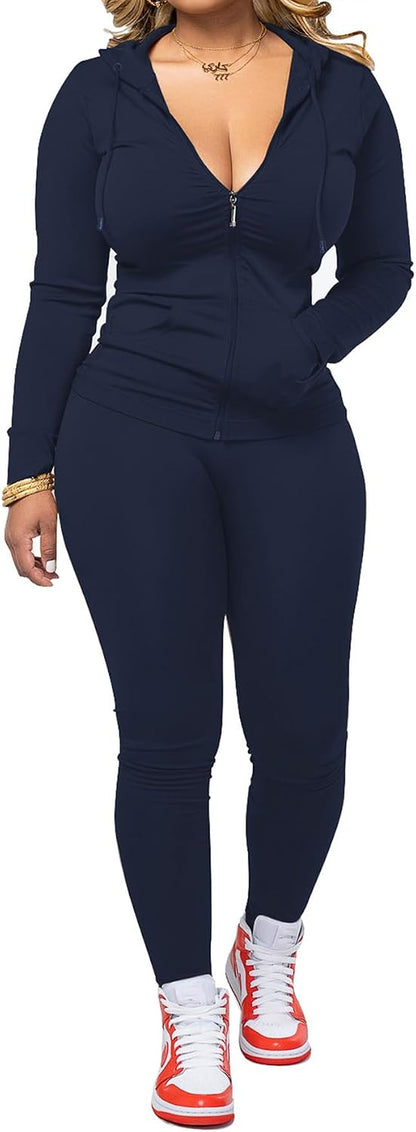 Women Two Piece Outfits Workout Sets Bodycon Tracksuit Long Sleeve Zip Up Hoodie Jacket Jogger Matching Sweat Pants Set