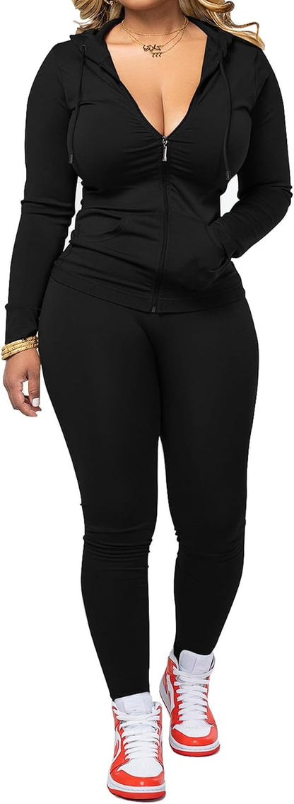 Women Two Piece Outfits Workout Sets Bodycon Tracksuit Long Sleeve Zip Up Hoodie Jacket Jogger Matching Sweat Pants Set