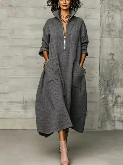 🤲LAST DAY SAVE 49% ⏰Elegant Quarter-zip High Collar Oversized Knit Midi Dress