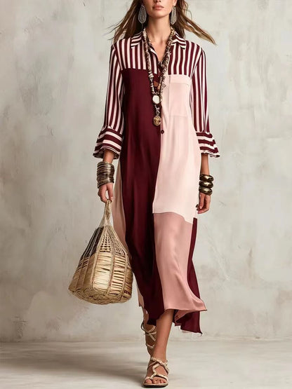 🌷Women's Striped Color Block Midi Shirt Dress, Contrast Patchwork Bell Sleeve Shirt Midi Dress