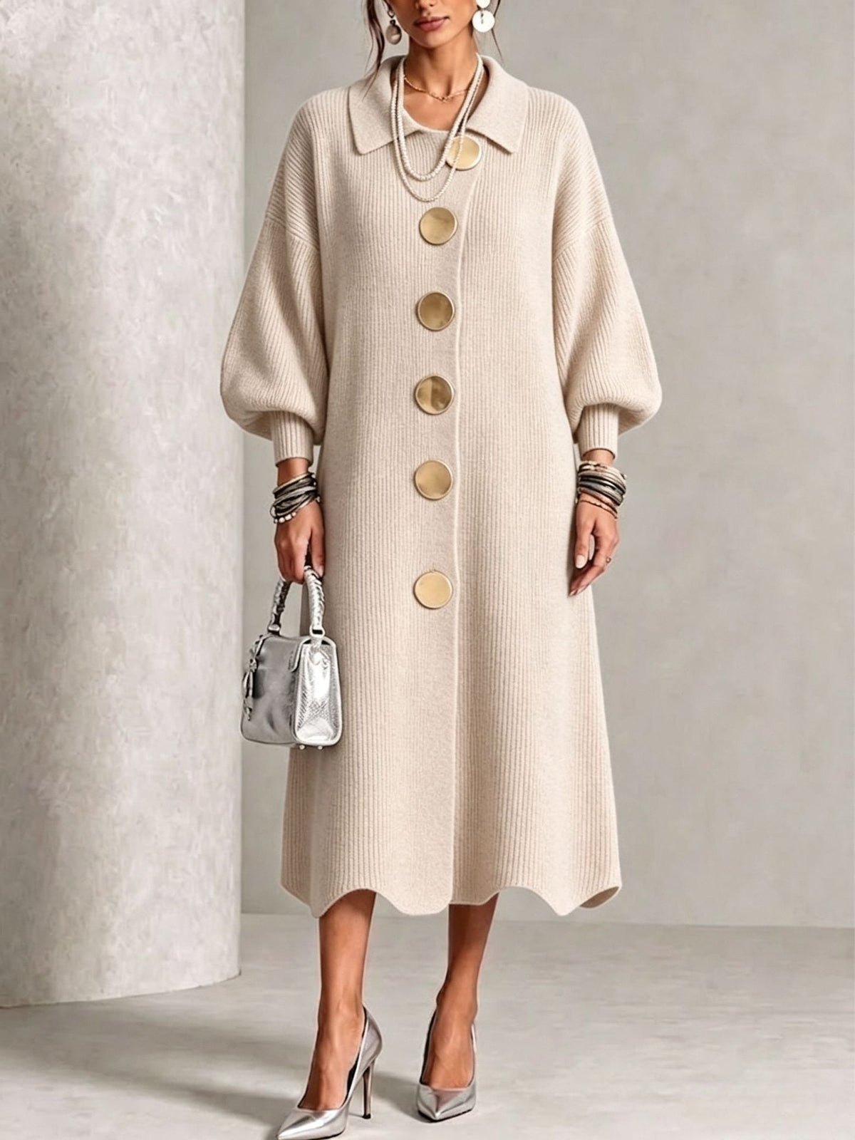 🤲LAST DAY SAVE 49% ⏰Long-sleeve Knit Dress With A Large Metal Buckle, Lapel Collar, And Lantern Sleeves