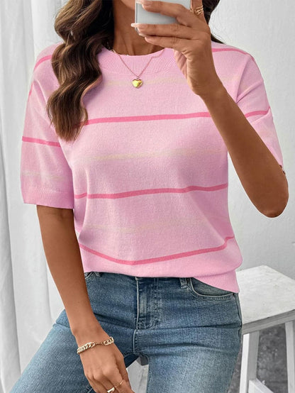 Women's Striped Knit Short Sleeve Pullover