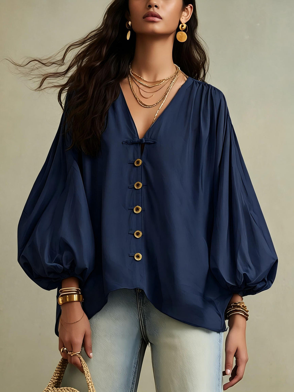 🌷Relaxed V-Neck Puff Sleeve Blouse – Effortless Everyday Style