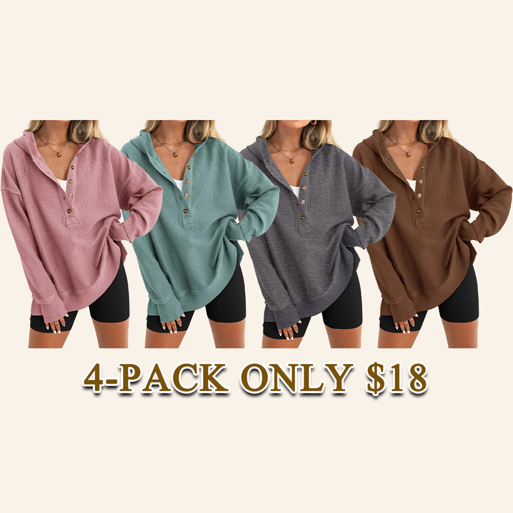 💚Women's Oversized Button V-Neck Hoodie Sweatshirt Long Sleeve Side Slit Casual Fall Pullover Top