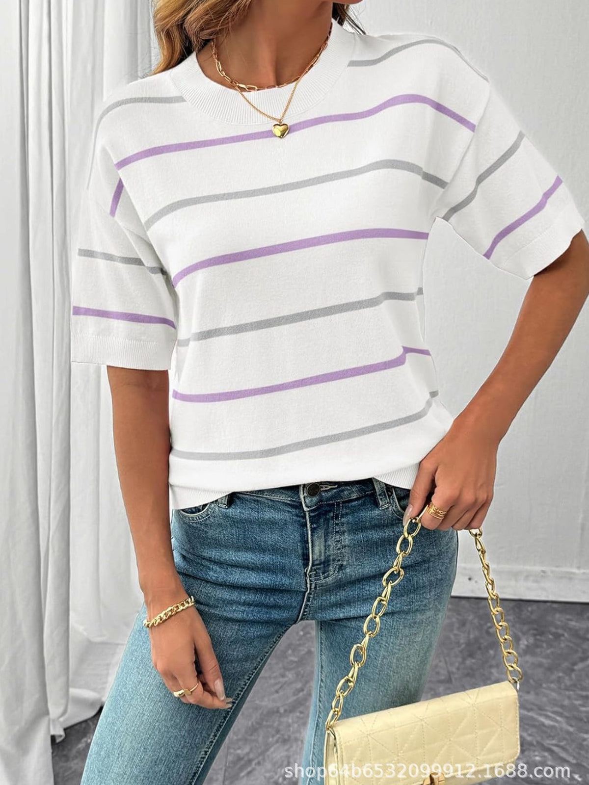 Women's Striped Knit Short Sleeve Pullover