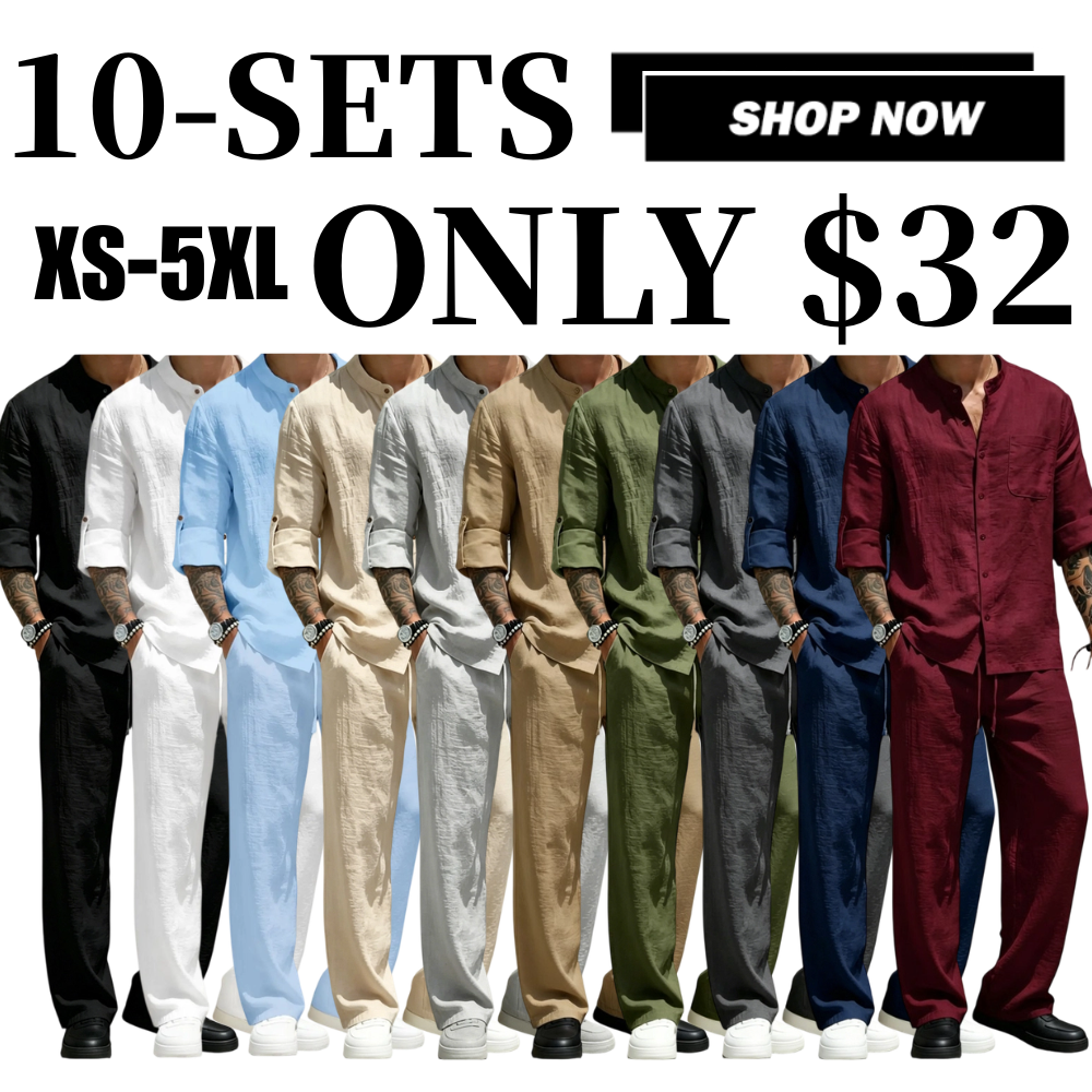 💚Men's Linen Stand Collar Long Sleeve Button Shirt & Straight Leg Belted Pants Set