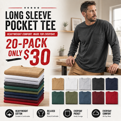 🤲Men's Heavyweight Long-Sleeve Pocket T-Shirt – Relaxed Fit Everyday Casual Tee | Big & Tall Available