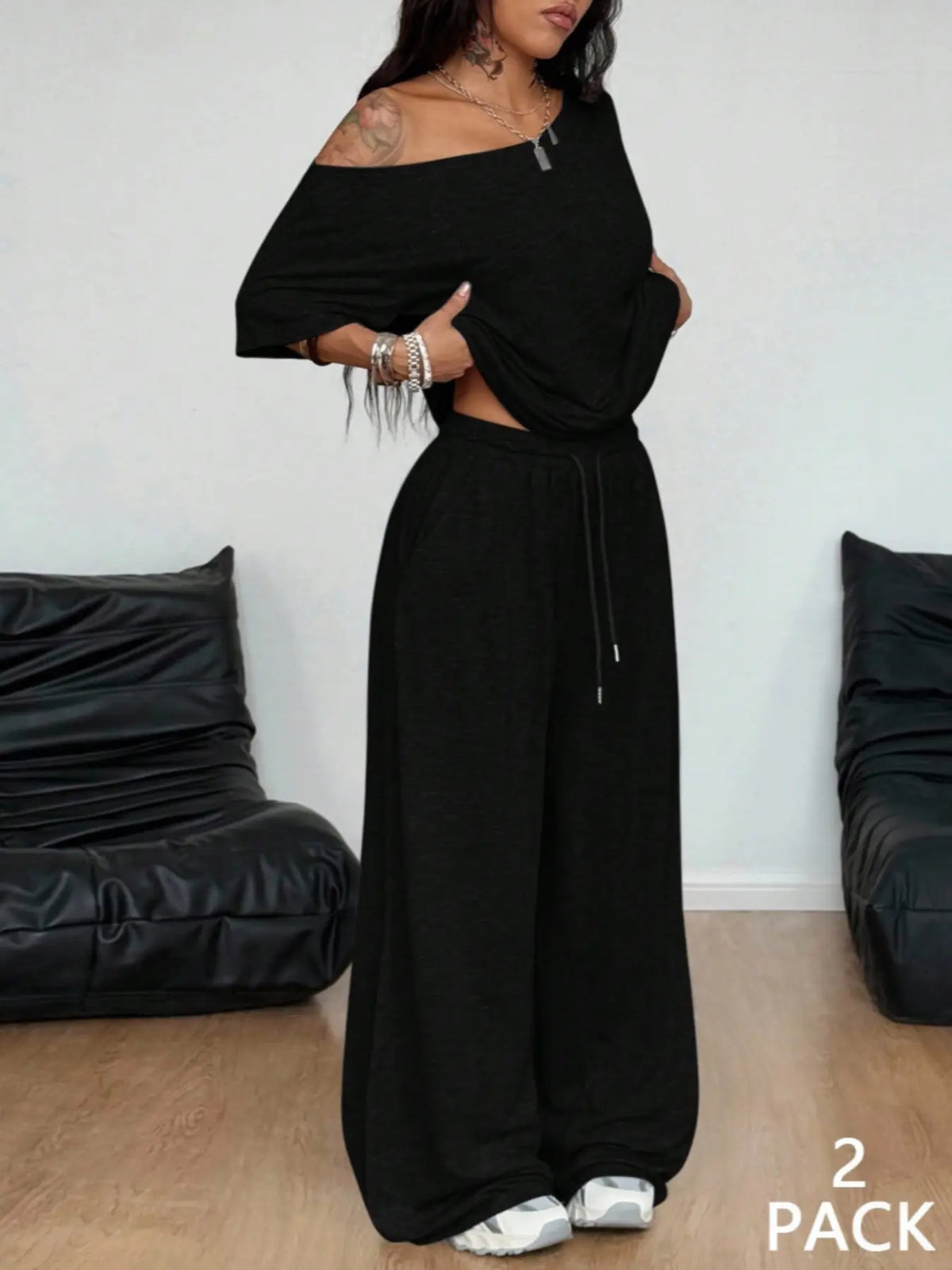 🌷Special Price-7 pack-Women’s Off-Shoulder T-Shirt and Wide Leg Pants Set