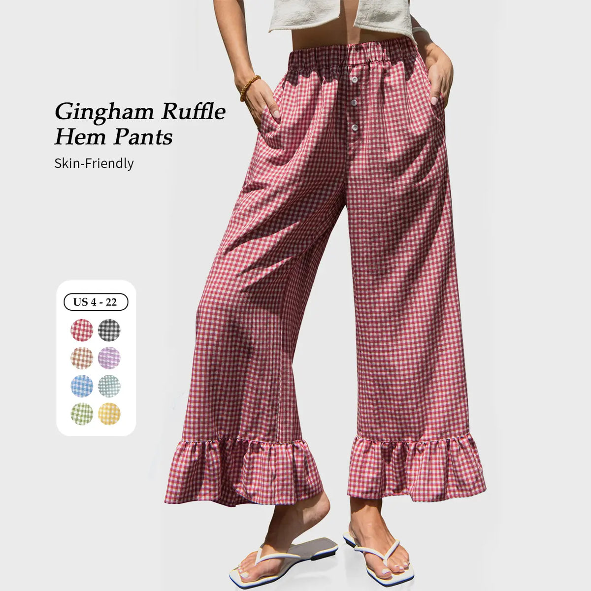 🌷Special Price Today⚡TARSE Gingham Ruffle Wide Leg Pants for Women