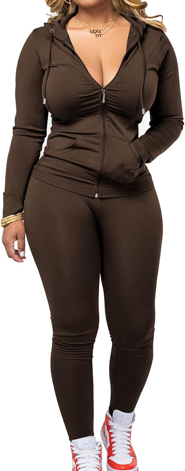 Women Two Piece Outfits Workout Sets Bodycon Tracksuit Long Sleeve Zip Up Hoodie Jacket Jogger Matching Sweat Pants Set