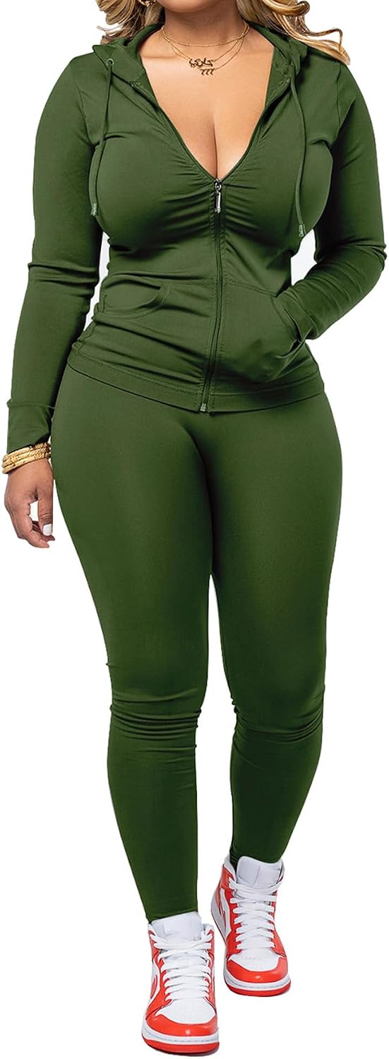 Women Two Piece Outfits Workout Sets Bodycon Tracksuit Long Sleeve Zip Up Hoodie Jacket Jogger Matching Sweat Pants Set