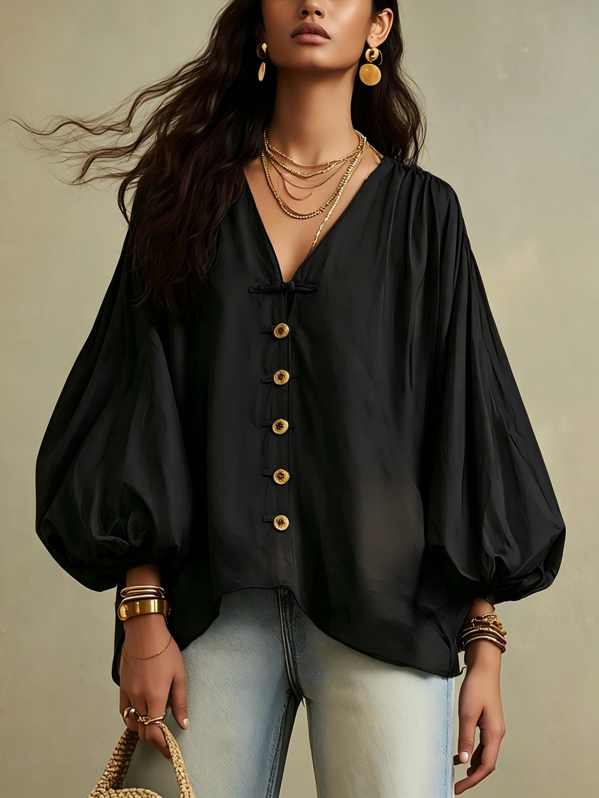 🌷Relaxed V-Neck Puff Sleeve Blouse – Effortless Everyday Style