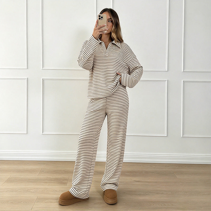 💚Long-sleeve collared striped casual wide-leg pant set