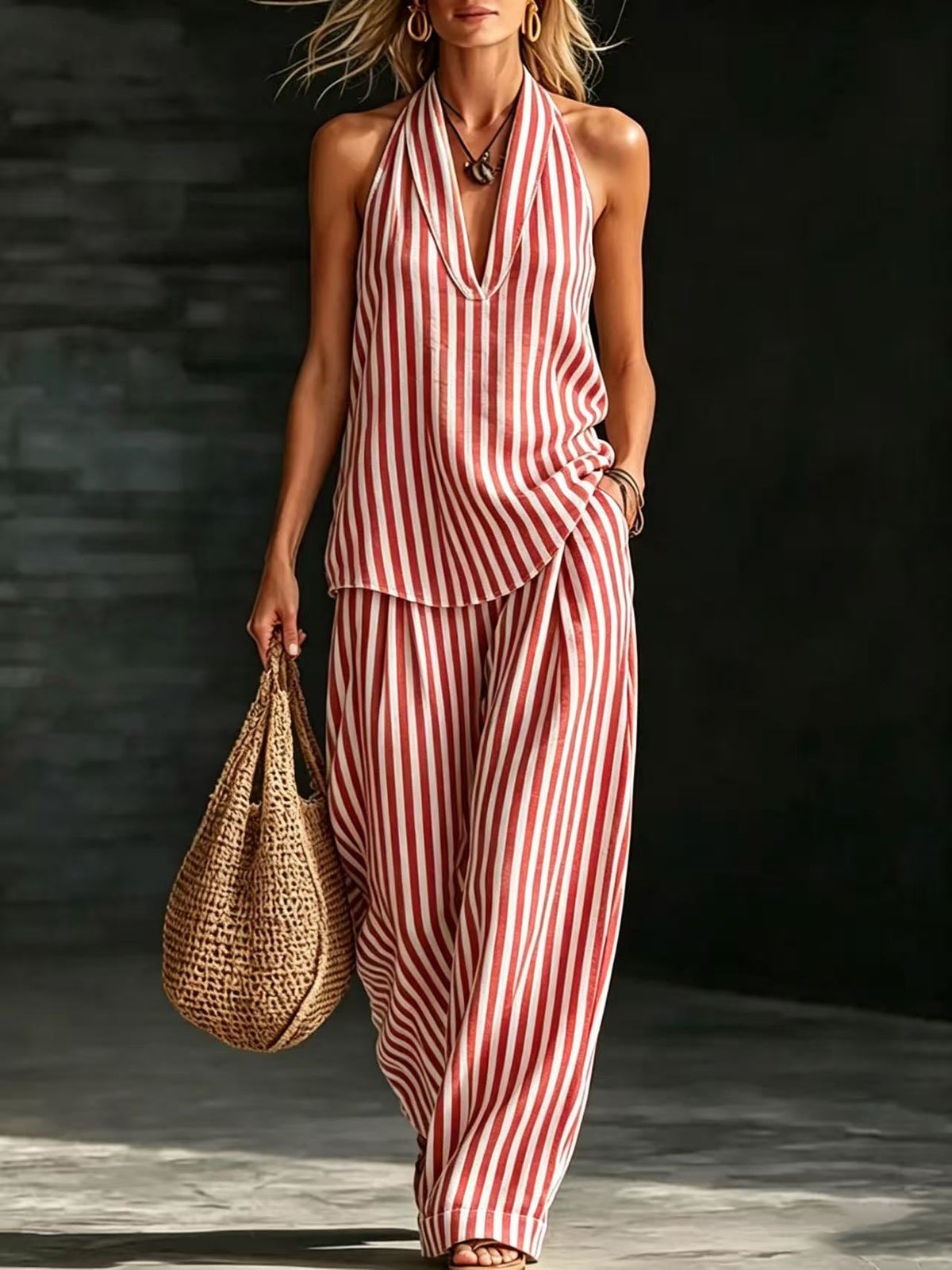 Casual Striped Halter-Neck Top and Wide-Leg Pants Set
